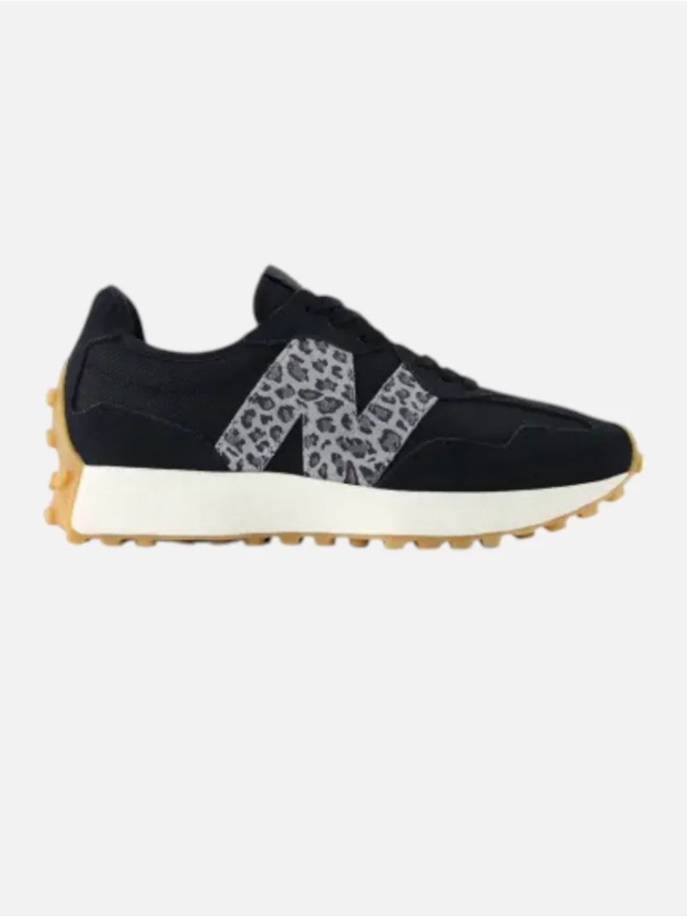 New Balance Women’s Black 327 Sneakers with Leopard N Accent and Cream Midsole